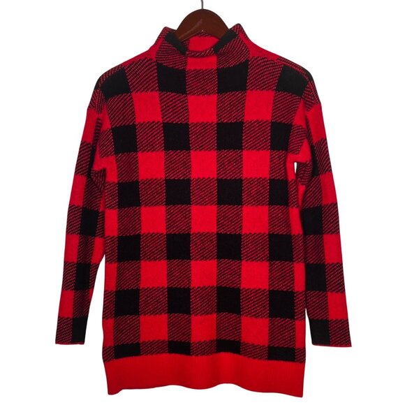 Loft Petites SP Red Black Buffalo Plaid Turtleneck Tunic Sweater Nylon/Acrylic - Picture 2 of 12